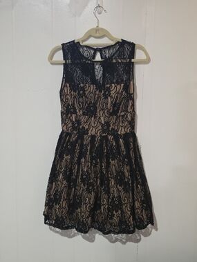 B Darlin Black Lace Mini Dress with Nude Underlay